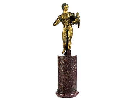 Museale, vergoldete Bronzestatuette eines „Hermes Dionysophoros”