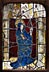 Detailabbildung: Dreiteiliges Fensterglasbild mit Darstellung des Kreuzes Christi mit den Assistenzfiguren Maria und Johannes Evangelist