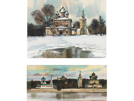 Zwei russische Aquarelle mit Darstellungen von Gebäuden und Kirchen mit Zwiebelhauben