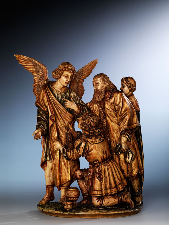 In Elfenbein geschnitzte Figurengruppe mit Darstellung eines Engels und vier Stifterfiguren