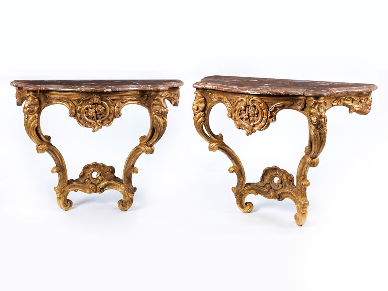 Paar barocke, vergoldete Wandkonsolen mit Marmorplatten - Hampel
