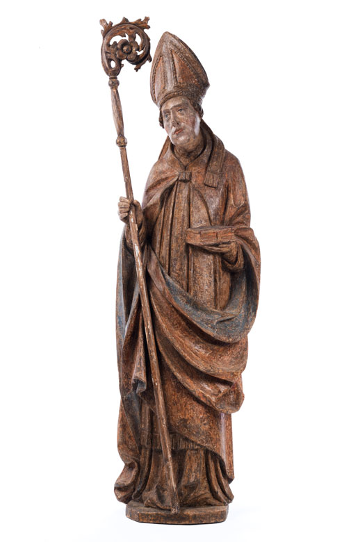 Schnitzfigur eines Heiligen Bischofs mit Mitra, Stab und Buch - Hampel