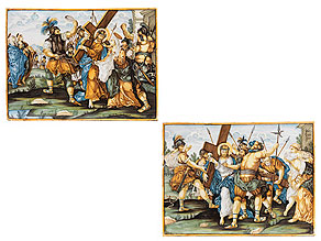  Paar Majolika-Bildplatten mit Kreuzwegdarstellungen